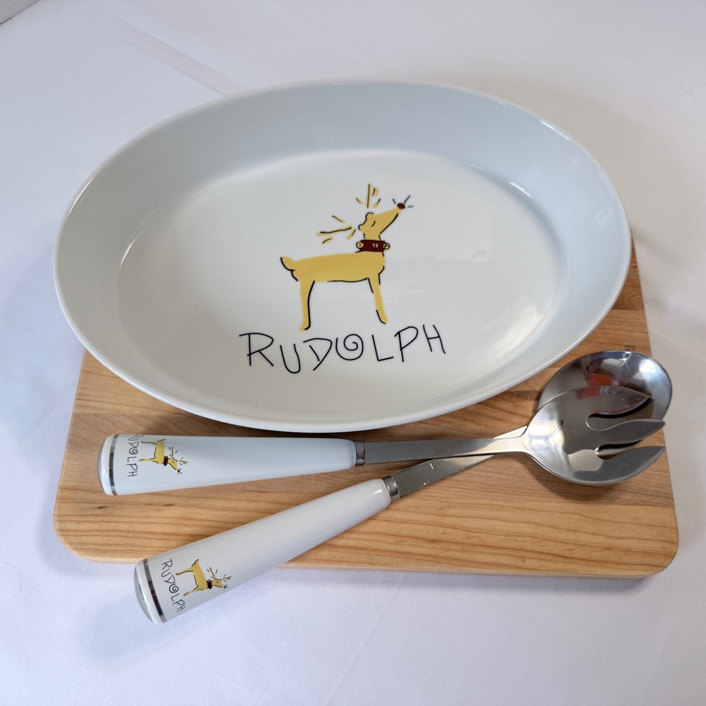 Pottery Barn Reindeer Rudolph Serving Set White Holiday Bowl and Utensils - Picture 2 of 15